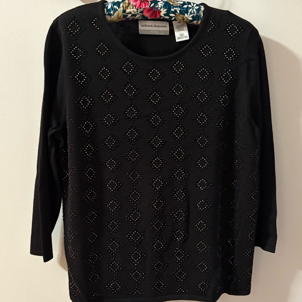 Alfred Dunner black 3/4 sleeve sweater diamond beads rhinestones PS Petite Small